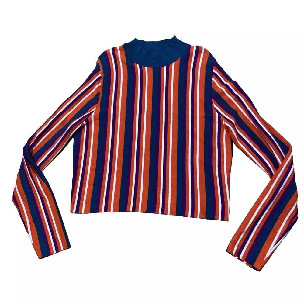 VICTOR GLEMAUD Crop Sweater Mock Neck Women M Vertical Stripe Orange Blue Purple